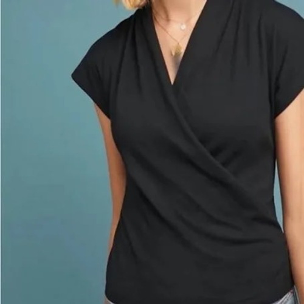 Maeve Anthropologie Black Wrap Draped Surplice Short Sleeve Top Small RN66170